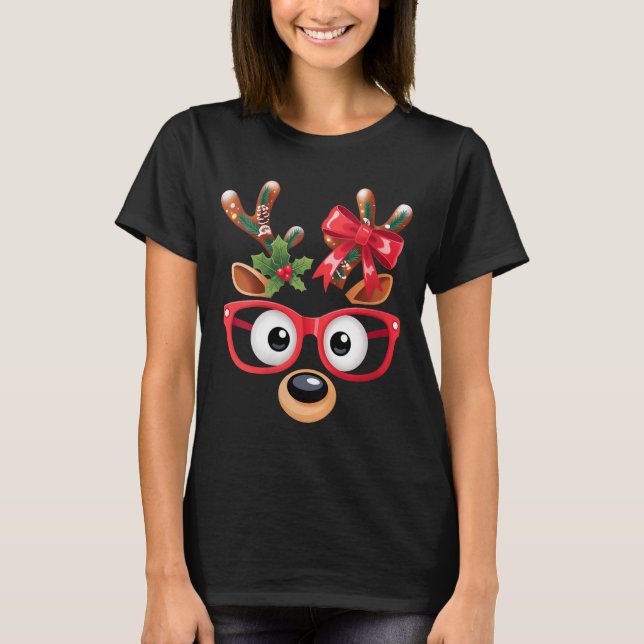 Camiseta Womens Matching Family Christmas Reindeer Face Gle (Anverso)