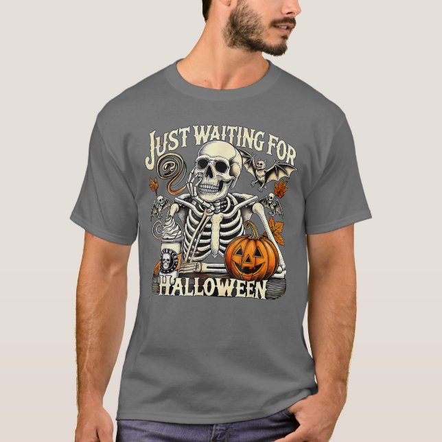 Camiseta Womens Mens Just Waiting For Halloween Skeleton Su (Anverso)