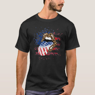 Camiseta Womens Mens Leopard American Flag Lips 4th Of July
