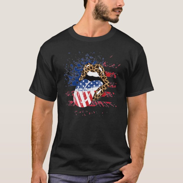Camiseta Womens Mens Leopard American Flag Lips 4th Of July (Anverso)