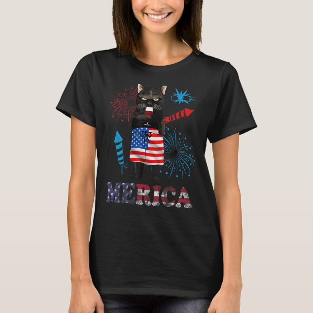Camiseta Womens  Merica Black Cat Wine Glass Firework USA F (Anverso)