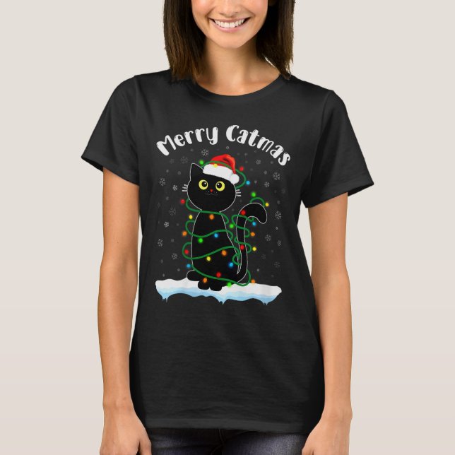 Camiseta Womens Merry Catmas Cat Wearing Santa Hat Black Ca (Anverso)