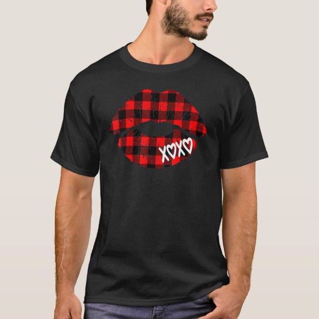 Camiseta Womens Red Buffalo Plaid Lips  Valentine Day XOXO (Anverso)