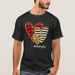 Camiseta Womens Red Plaid Leopard Hearts Nanny Life Valenti