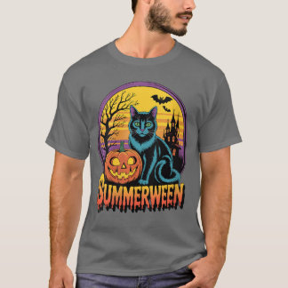 Camiseta Womens Retro Black Cat Spooky Cute Art Summerween 