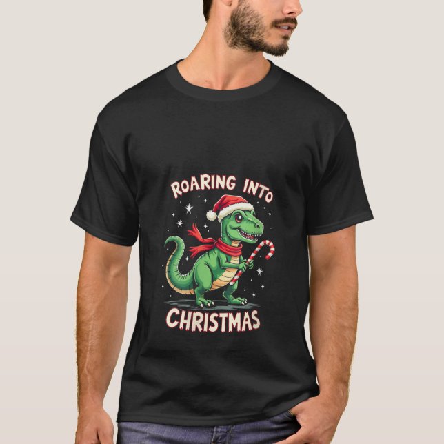 Camiseta Womens Roaring into Christmas T Rex Santa Hat Cand (Anverso)