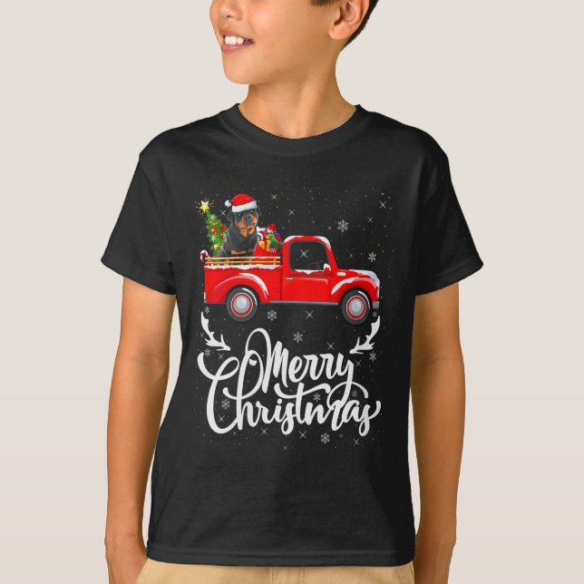 Camiseta Womens Rottweiler Dog On Christmas Tree Red Truck  (Anverso)