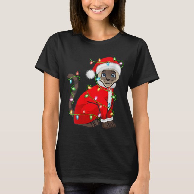 Camiseta Womens Siamese Cat Christmas Lights Santa Costume  (Anverso)