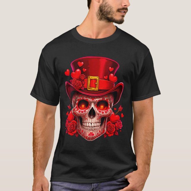 Camiseta Women's Sugar Skull Valentine Cud Red Roses Couple (Anverso)