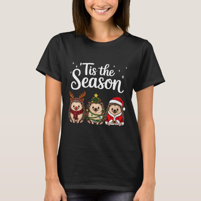 Camiseta Womens Tis The Season Hedgehog Christmas Santa V-n (Anverso)