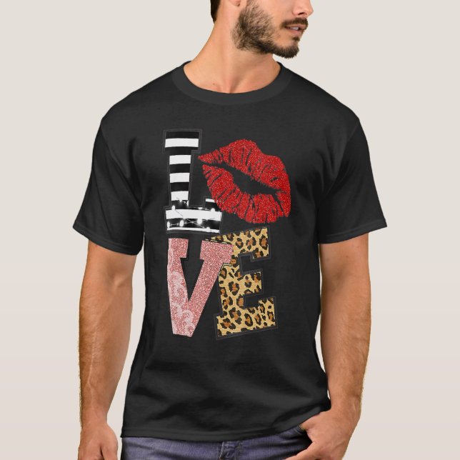 Camiseta Womens Valentine Red Lips Love Leopard V Neck (Anverso)