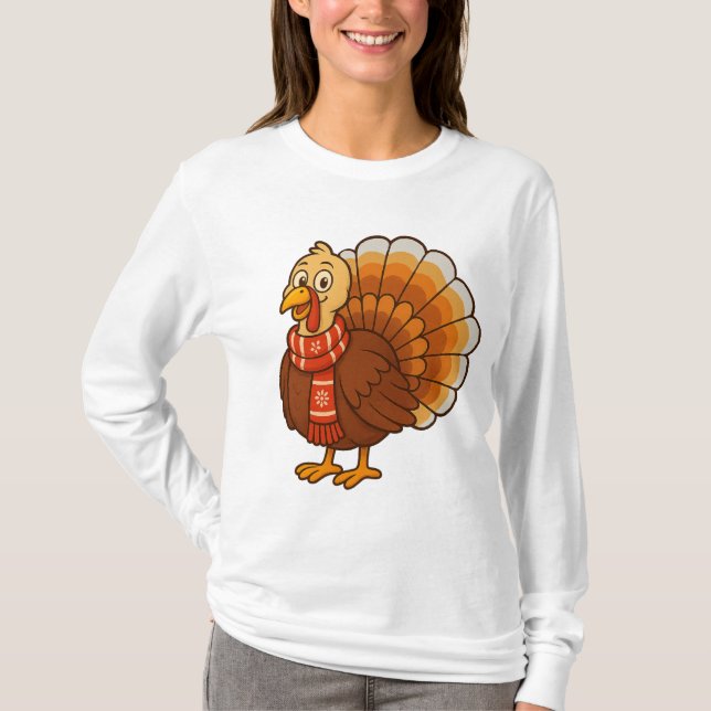 Camiseta Women's Warm T-Shirt with a Cute Autumn Turkey Pri (Anverso)