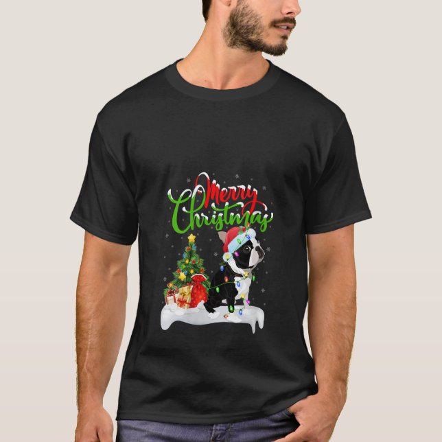 Camiseta Womens Xmas Lighting Matching Santa Boston Terrier (Anverso)