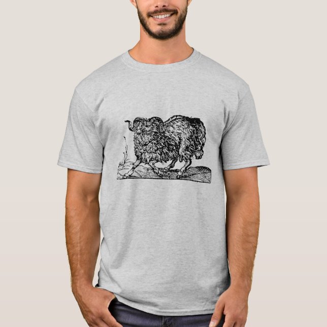 Camiseta Woodcut renacentista de un cordero de oveja Ram (Anverso)