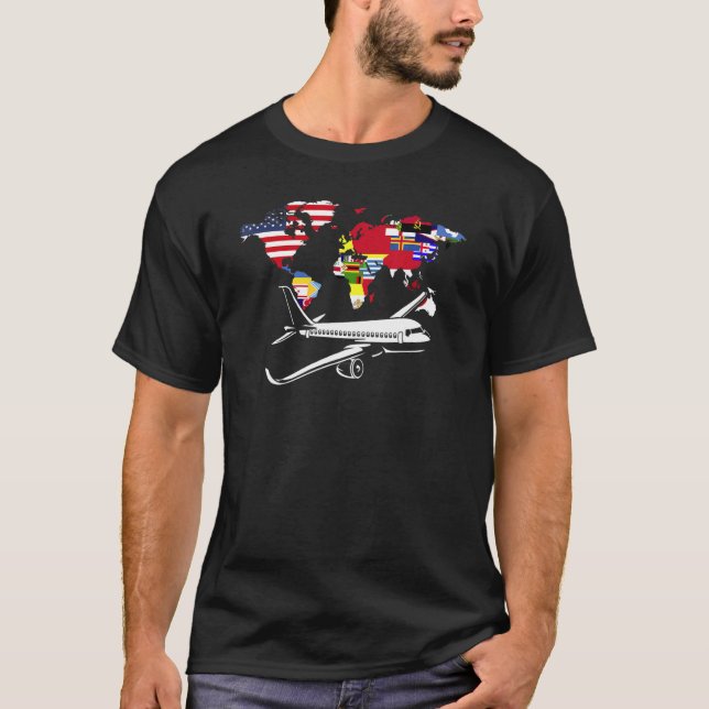 Camiseta World Map Traveller Plane Travelling World Flags (Anverso)