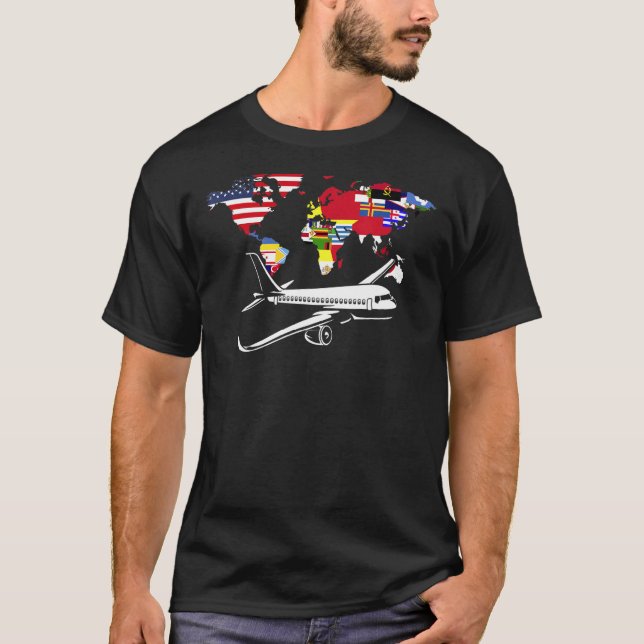 Camiseta World Map Traveller Plane Travelling World Flags (Anverso)