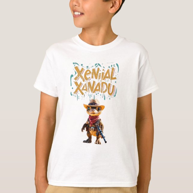 Camiseta Xenial Xanadu: Adorables Dinosaurios de Vaqueros (Anverso)