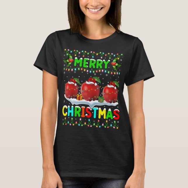 Camiseta Xmas Apple Fruit Lighting Santa Hat Feliz Navidad (Anverso)