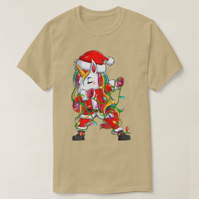 Camiseta Xmas de unicornio de Dabbing enciende divertida Sa (Diseño del anverso)