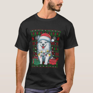 Camiseta Xmas enciende feos Santa Hat American Eskimo Dog C