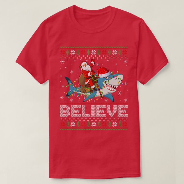 Camiseta Xmas enciende tiburón cree que el tiburón que mont (Diseño del anverso)