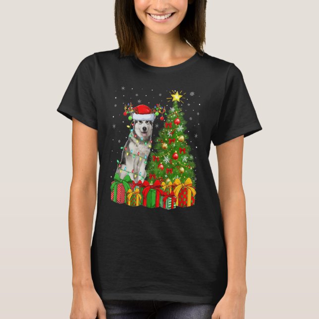Camiseta Xmas Holiday Lights Santa Alaskan Malamute Dog Chr (Anverso)