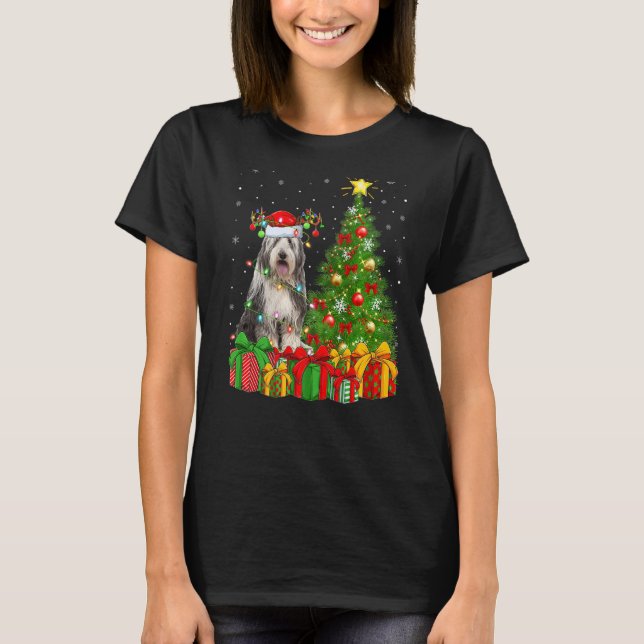 Camiseta Xmas Holiday Lights Santa Bearded Collie Dog Chris (Anverso)