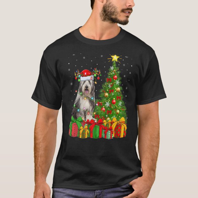 Camiseta Xmas Holiday Lights Santa Bearded Collie Dog Chris (Anverso)