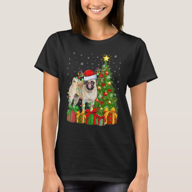 Camiseta Xmas Holiday Lights Santa Pug Dog Christmas Tree (Anverso)
