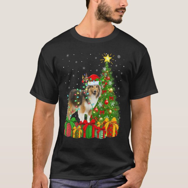 Camiseta Xmas Holiday Lights Santa Sheltie Dog Christmas Tr (Anverso)