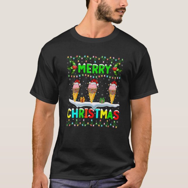 Camiseta Xmas Ice Cream Iluminando Santa Hat Feliz Navidad (Anverso)
