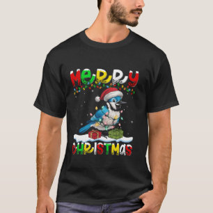 Camiseta Xmas Iluminación Santa Hat Azul Jay Bird Merry Chr