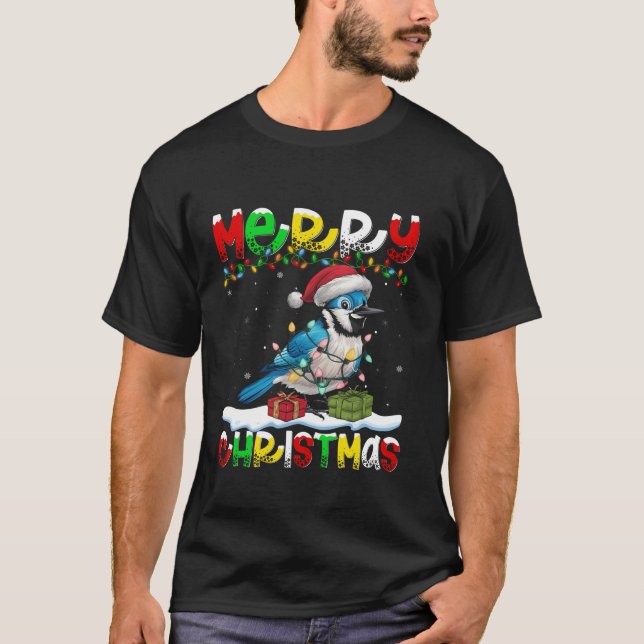 Camiseta Xmas Iluminación Santa Hat Azul Jay Bird Merry Chr (Anverso)