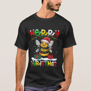 Camiseta Xmas Iluminación Santa Hat Bumble Bee Feliz Navida