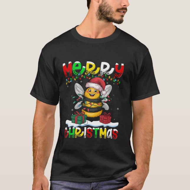 Camiseta Xmas Iluminación Santa Hat Bumble Bee Feliz Navida (Anverso)