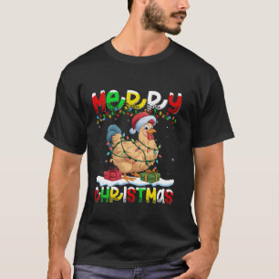 Camiseta Xmas Iluminación Santa Hat Pájaro pollo Feliz Navi