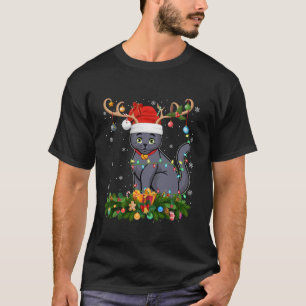 Camiseta Xmas Iluminando reno Santa Hat gato azul ruso