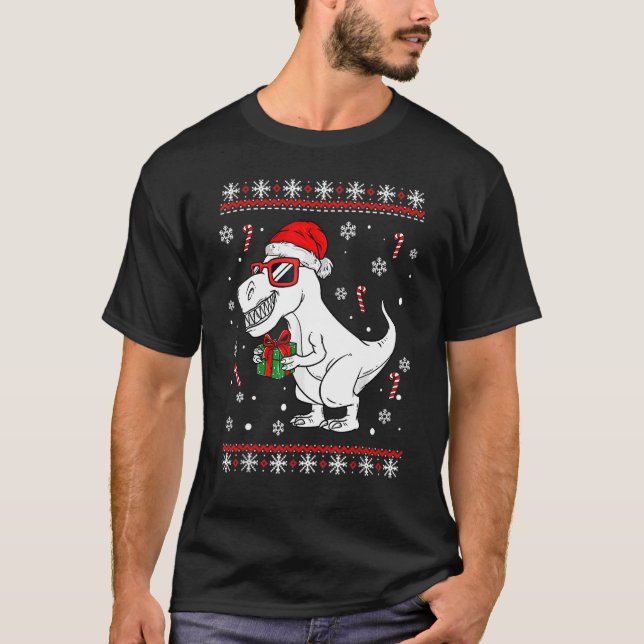 Camiseta Xmas iluminando Santa Hat Dinosaurios raros y feos (Anverso)
