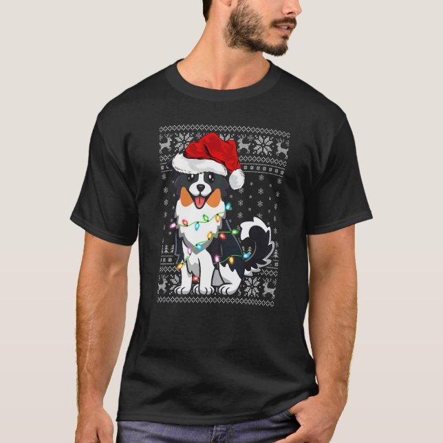 Camiseta Xmas Iluminando Santa Hat Pastor australiano feo C (Anverso)