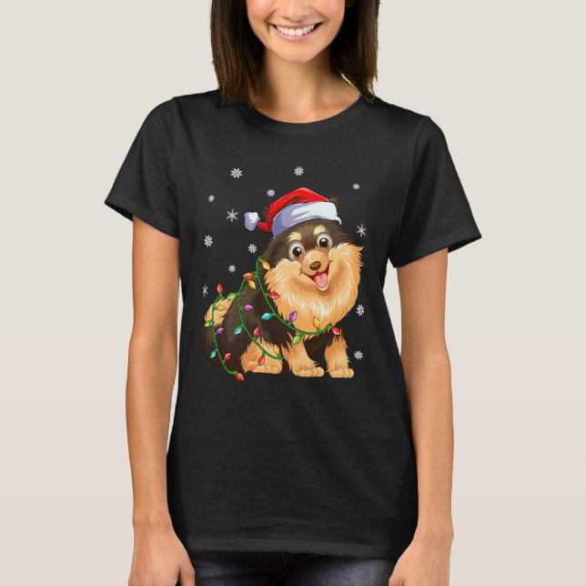 Camiseta Xmas Iluminando Santa Hat Pomeranian (Anverso)