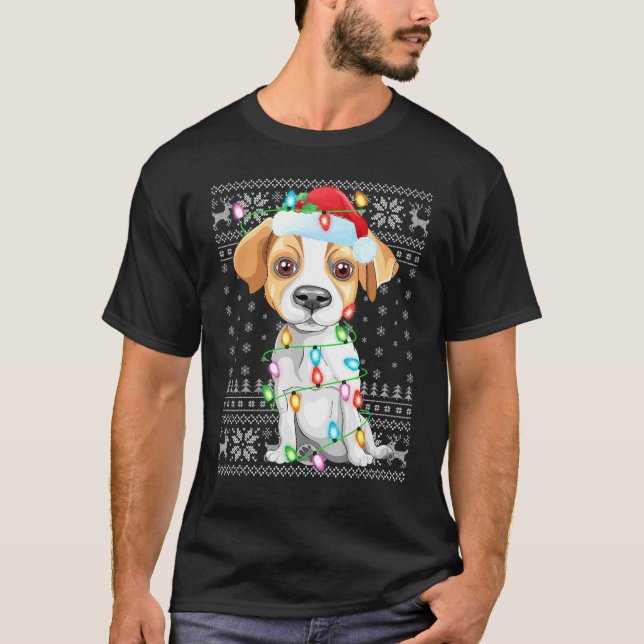 Camiseta Xmas Iluminando Santa Hat Ugly Jack Russell Terrie (Anverso)