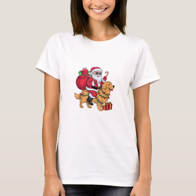 Camiseta Xmas Iluminando Santa Riding Golden Retriever Dog  (Anverso)