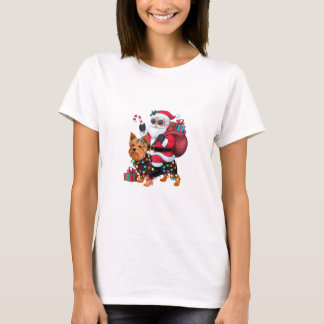 Camiseta Xmas Iluminando Santa Riding Yorkshire Terrier Dog