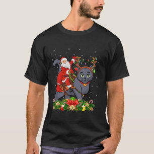 Camiseta Xmas Ilustra curioso Santa Riendo Gato Azul Ruso C