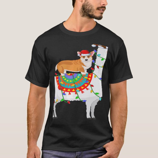 Camiseta Xmas Lighting Corgi Dog Riding Llama Christmas (Anverso)