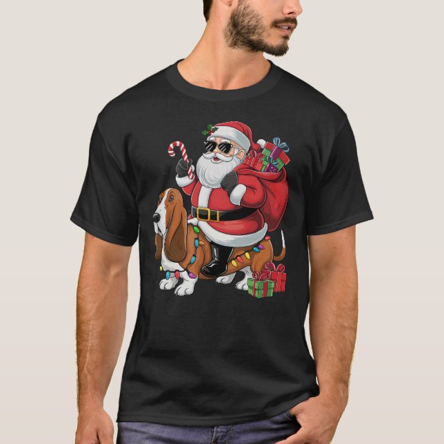 Camiseta Xmas Lighting Funny Santa Riding Basset Hound Dog  (Anverso)