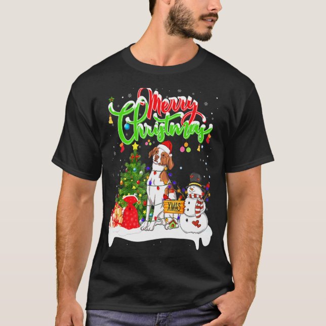Camiseta Xmas Lighting Mating Santa Brittany Spaniel Dog (Anverso)