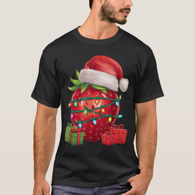 Camiseta Xmas Lighting Santa Hat Strawberry Christmas T Shi (Anverso)