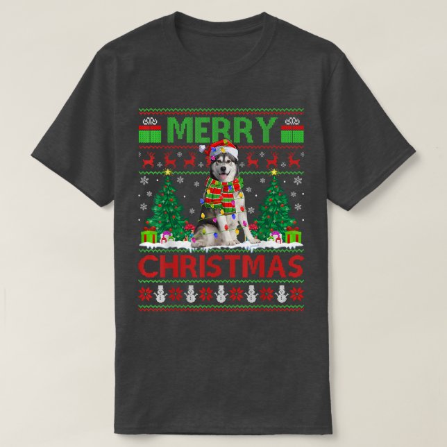 Camiseta Xmas Lighting Santa Hat Ugly Alaskan Malamute Chri (Diseño del anverso)