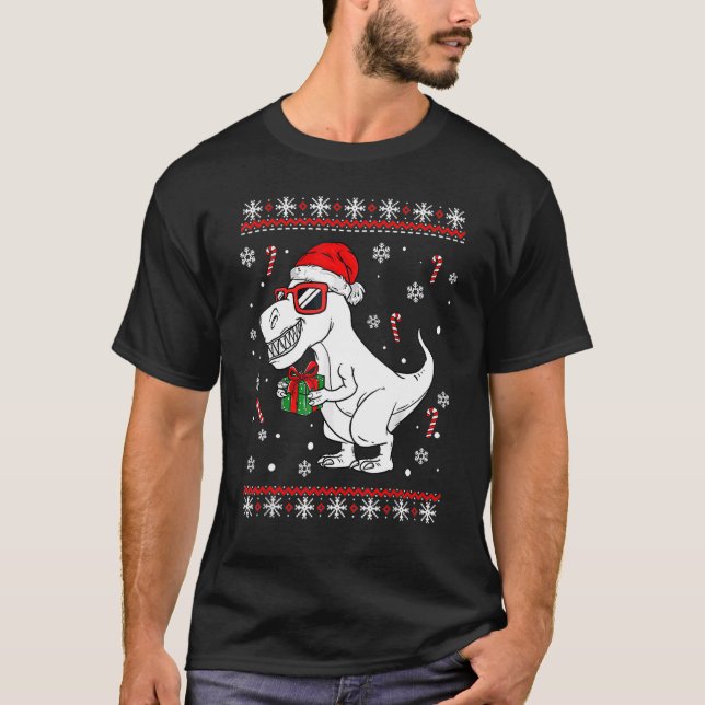 Camiseta Xmas Lighting Santa Hat Ugly Rex Dinosaurs Christm (Anverso)
